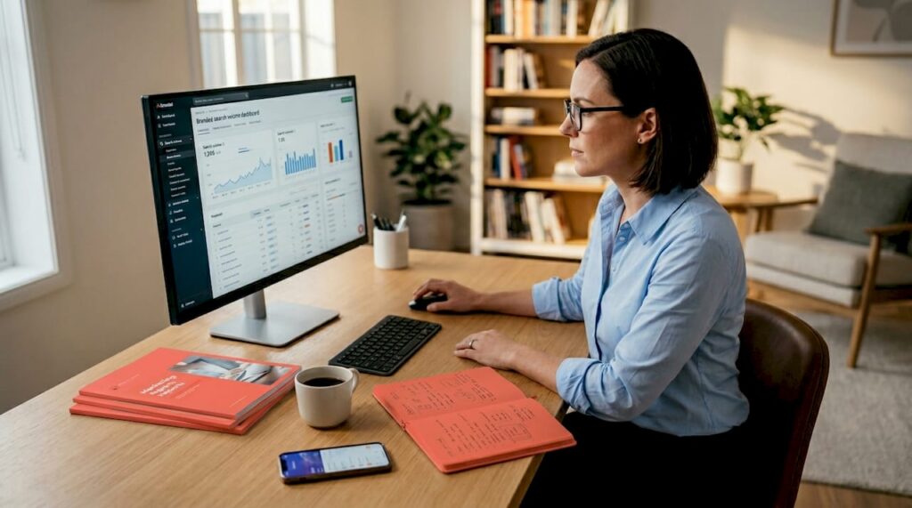 Ecommerce brand manager examining brand metrics on screen
