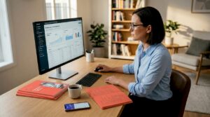 Ecommerce brand manager examining brand metrics on screen