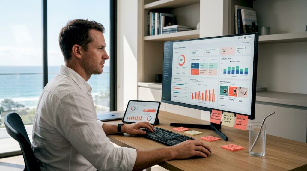 Ecommerce marketer reviewing ad creative on monitor
