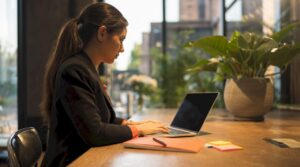 Marketing manager analyzing contextual ad campaign data