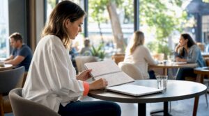 Entrepreneur brainstorming ecommerce brand names at desk