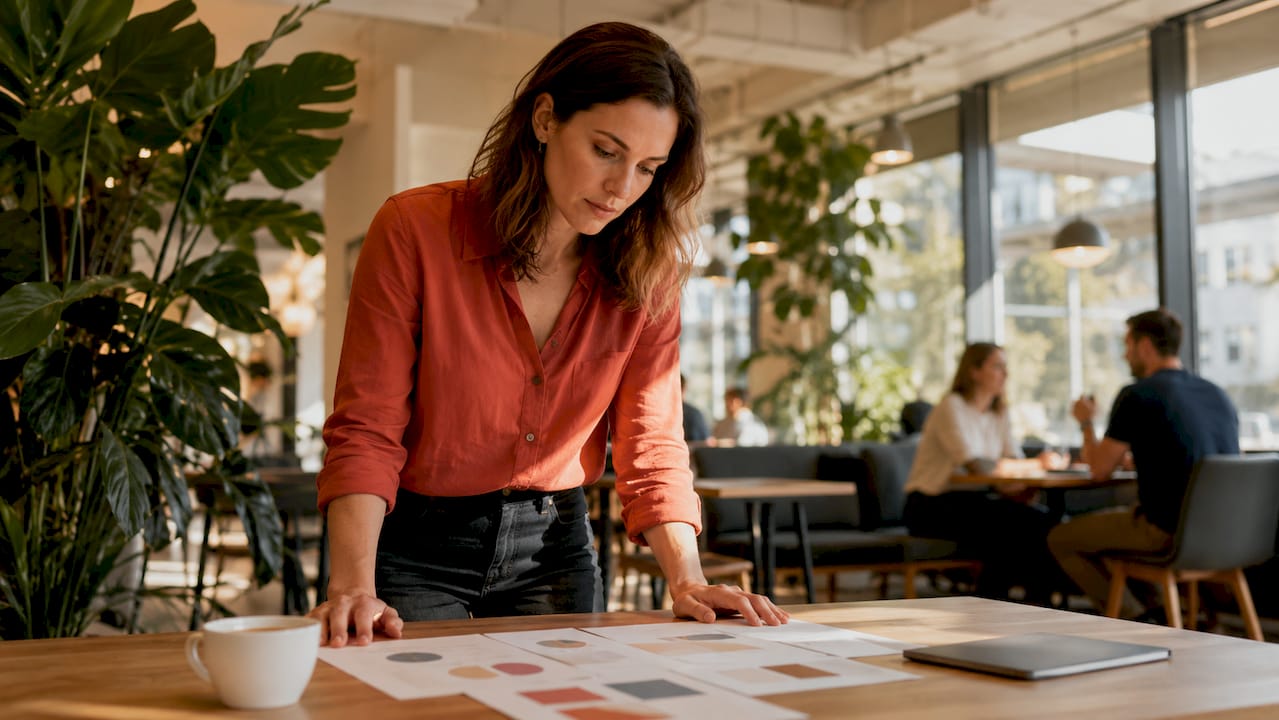 Marketing manager reviewing brand campaign documents