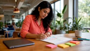 Woman sketching digital sales funnel at desk