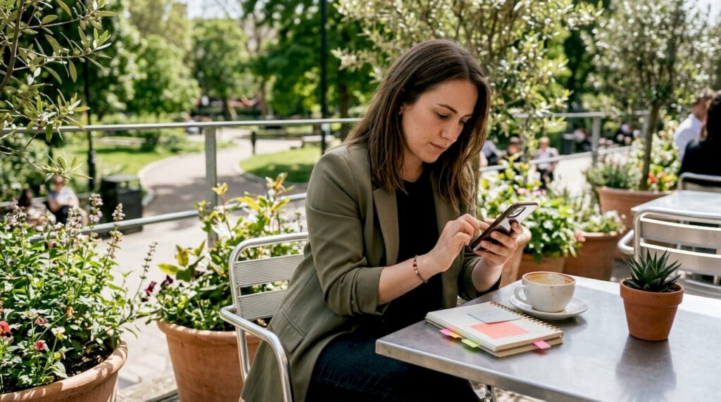 Young woman analyzing ecommerce content on smartphone in cafe