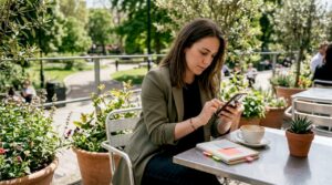 Young woman analyzing ecommerce content on smartphone in cafe