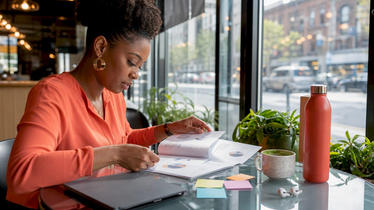 Marketer reviewing ROAS reports at home desk