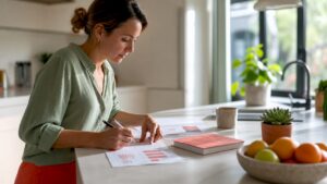 Woman reviewing content marketing strategy documents