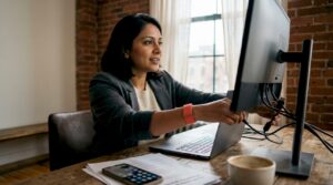 Woman working on social commerce setup at home desk