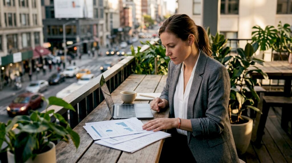 Businesswoman reviewing content marketing materials