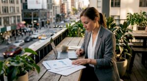 Businesswoman reviewing content marketing materials