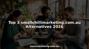Team discussing ecommerce marketing strategy around table