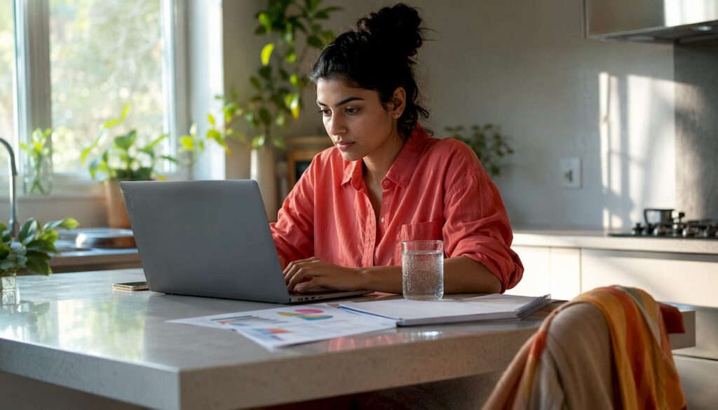 Woman analyzing ecommerce audience segments at home desk