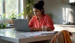 Woman analyzing ecommerce audience segments at home desk