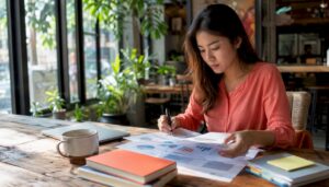 Professional woman analyzing Facebook ads data at desk