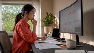 Woman analyzing ecommerce metrics on monitor
