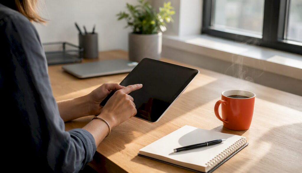 Hands setting up email welcome flow on digital tablet