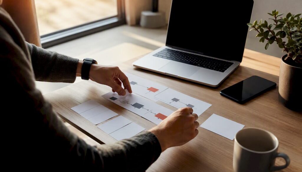 Hands arranging email flow diagrams on desk