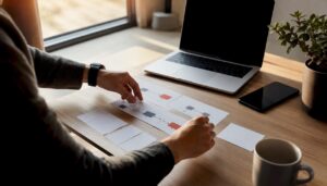 Hands arranging email flow diagrams on desk