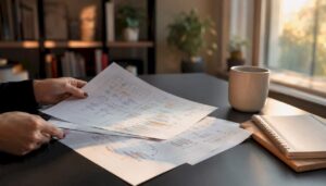 Hands arranging email flowchart papers