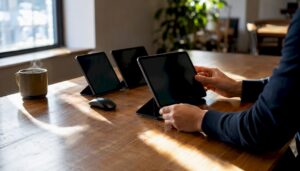 Hands adjusting smartphone on desk with devices