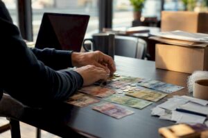 Hands handling different currency near laptop
