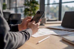 Hand adjusting smartphone with sticky bottom CTA