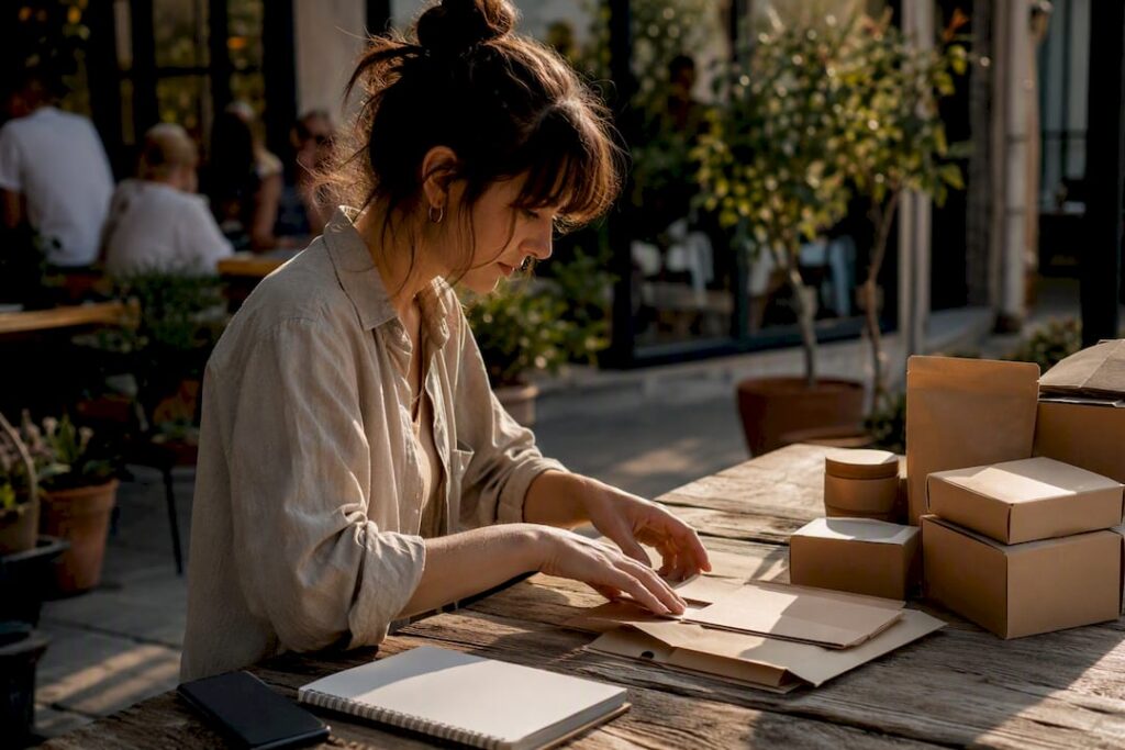 Hands arranging ecommerce product and PR boxes