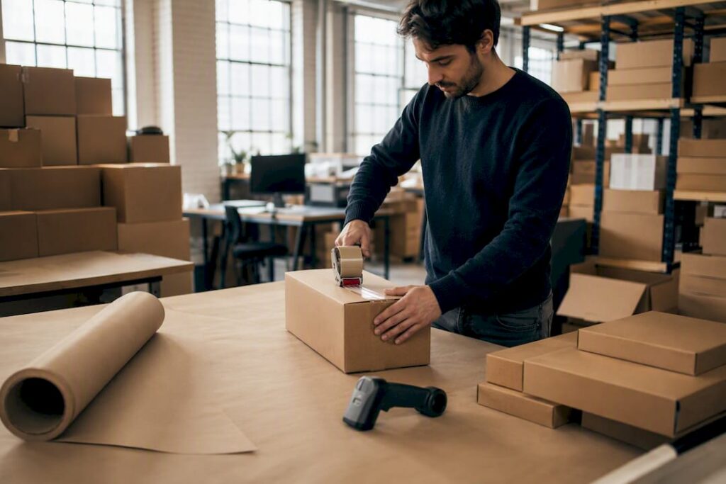 Person packing ecommerce shipping box in warehouse