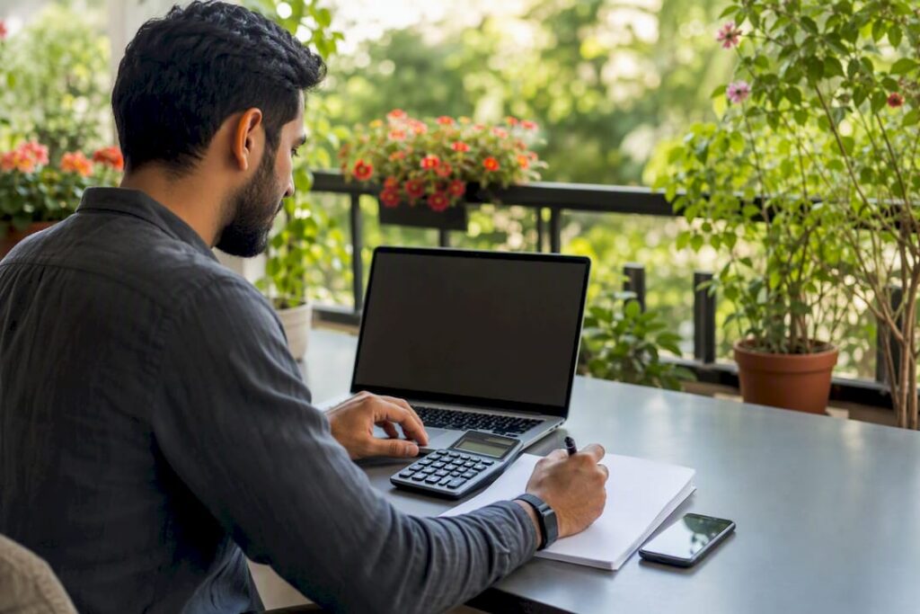 Marketer calculating digital ads budget at desk