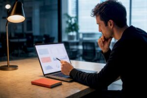 Strategist reviewing blurred conversion analytics