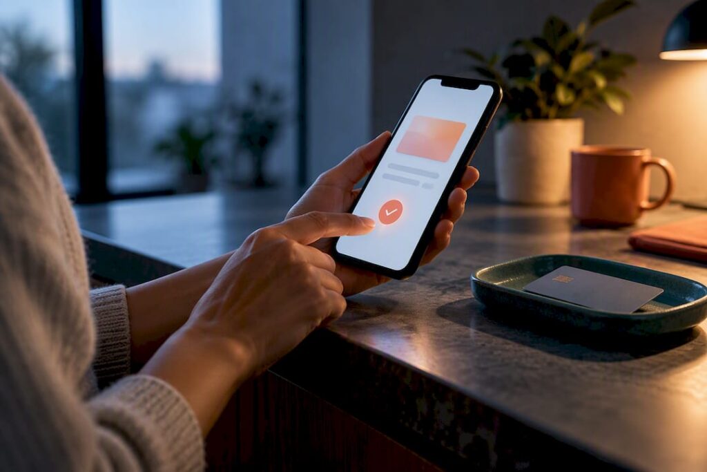 Hands completing mobile ecommerce checkout