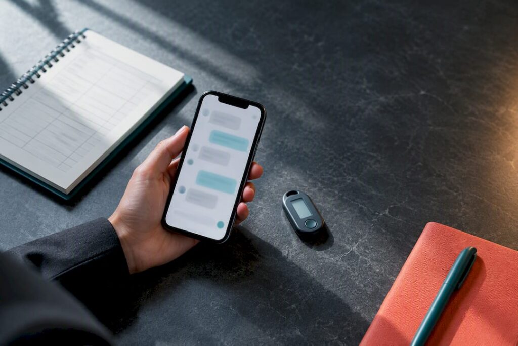 Smartphone beside SMS compliance records