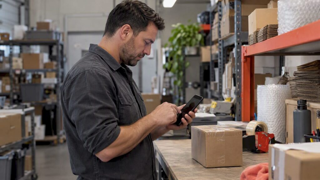 Store owner testing mobile checkout at packing bench