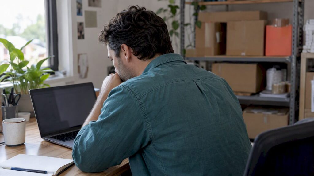 Ecommerce owner reviewing sales on laptop